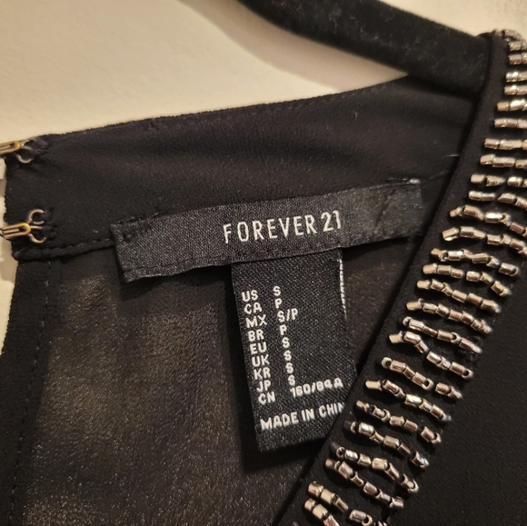 Forever 21 Embellished Rhinestone Neckline Black Sheer Long Sleeve Blouse Top - Picture 4 of 8